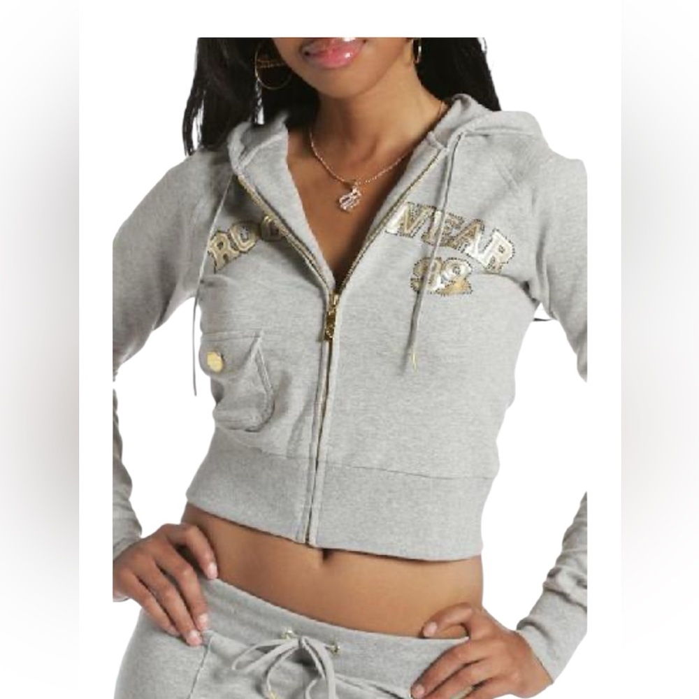 Rocawear Women's Cropped Gray Hoodie with Gold Details